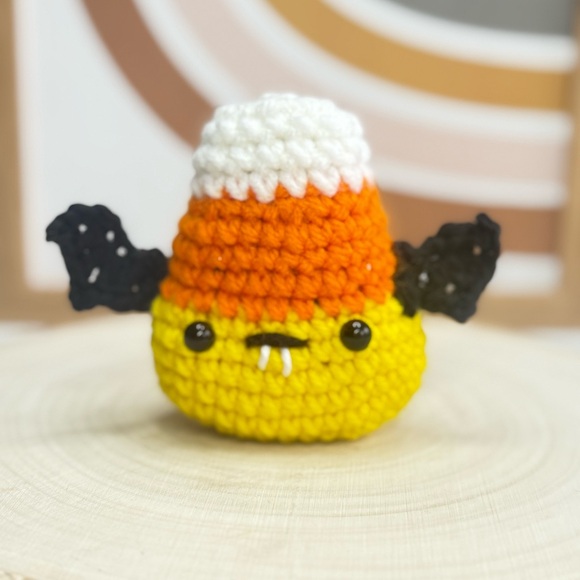 Handmade Crochet Candy Corn Bat Amigurumi – Kawaii Halloween Decor - Picture 3 of 6